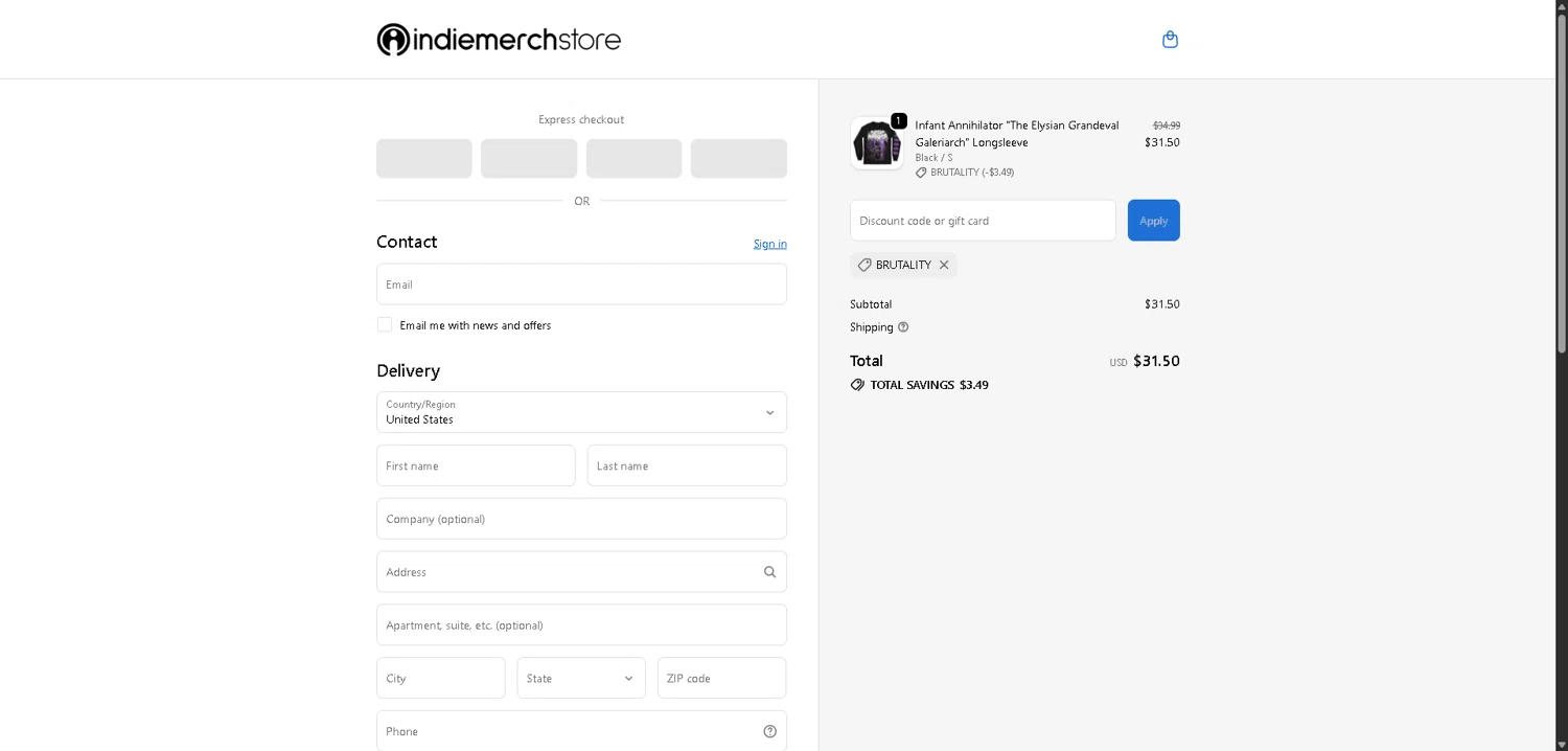 IndieMerchstore checkout page showing IndieMerchstore discount code box | Screenshot taken by SimplyCodes community member on Feb 2, 2026