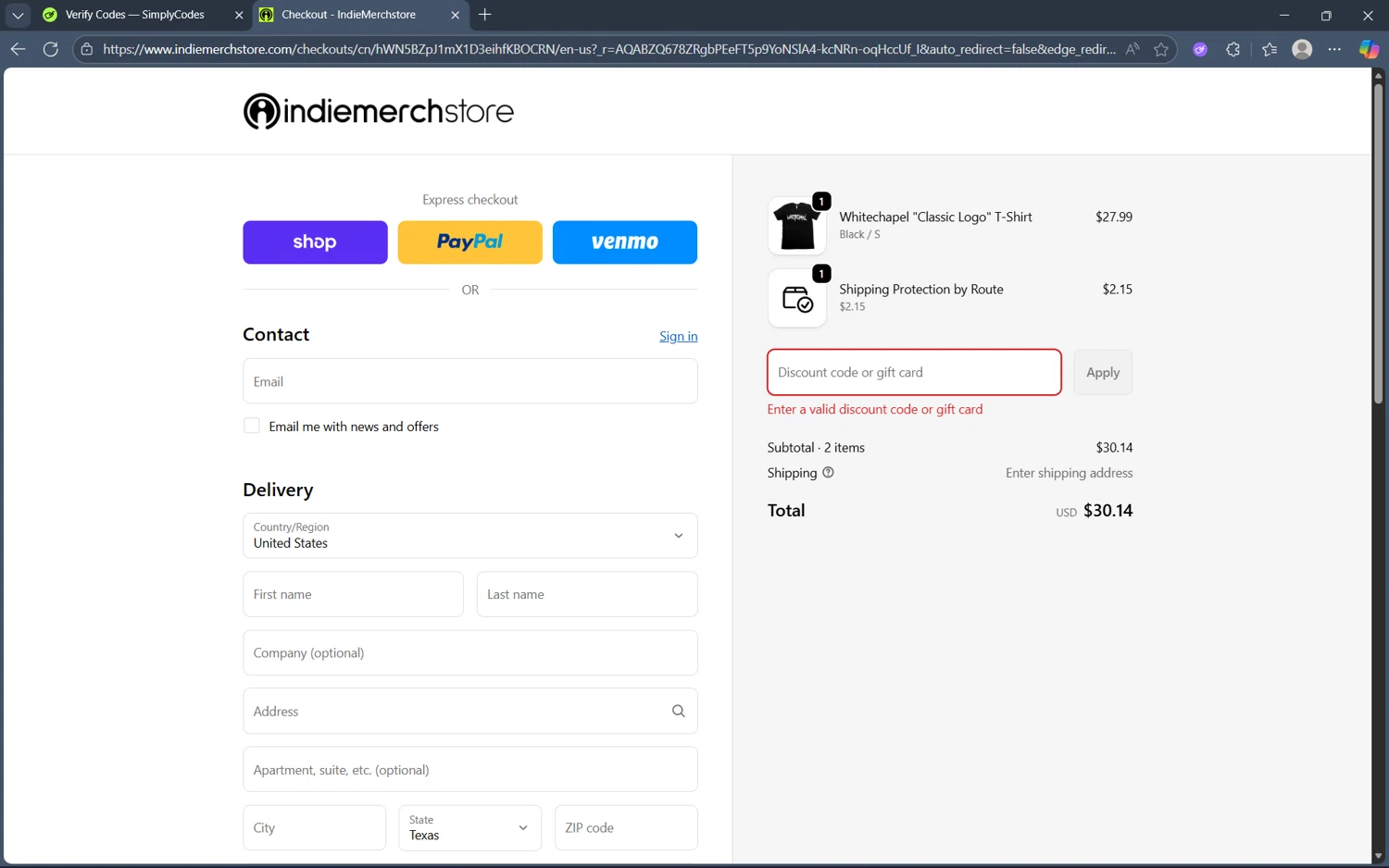 IndieMerchstore discount code screenshot showing code BRUTALITY applied at IndieMerchstore checkout page. Uploaded by SimplyCodes community member frijolito on Nov 11, 2025