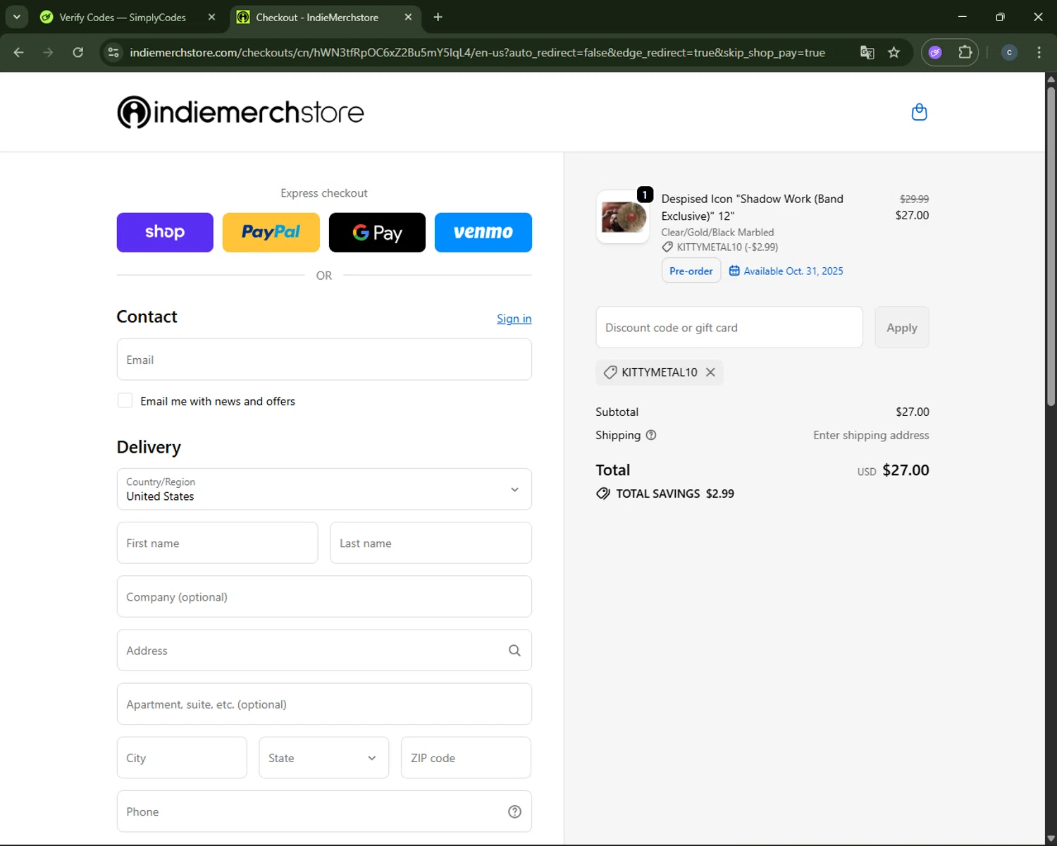 IndieMerchstore discount code screenshot showing code KITTYMETAL10 applied at IndieMerchstore checkout page. Uploaded by SimplyCodes community member CouponAce2971 on Oct 9, 2025
