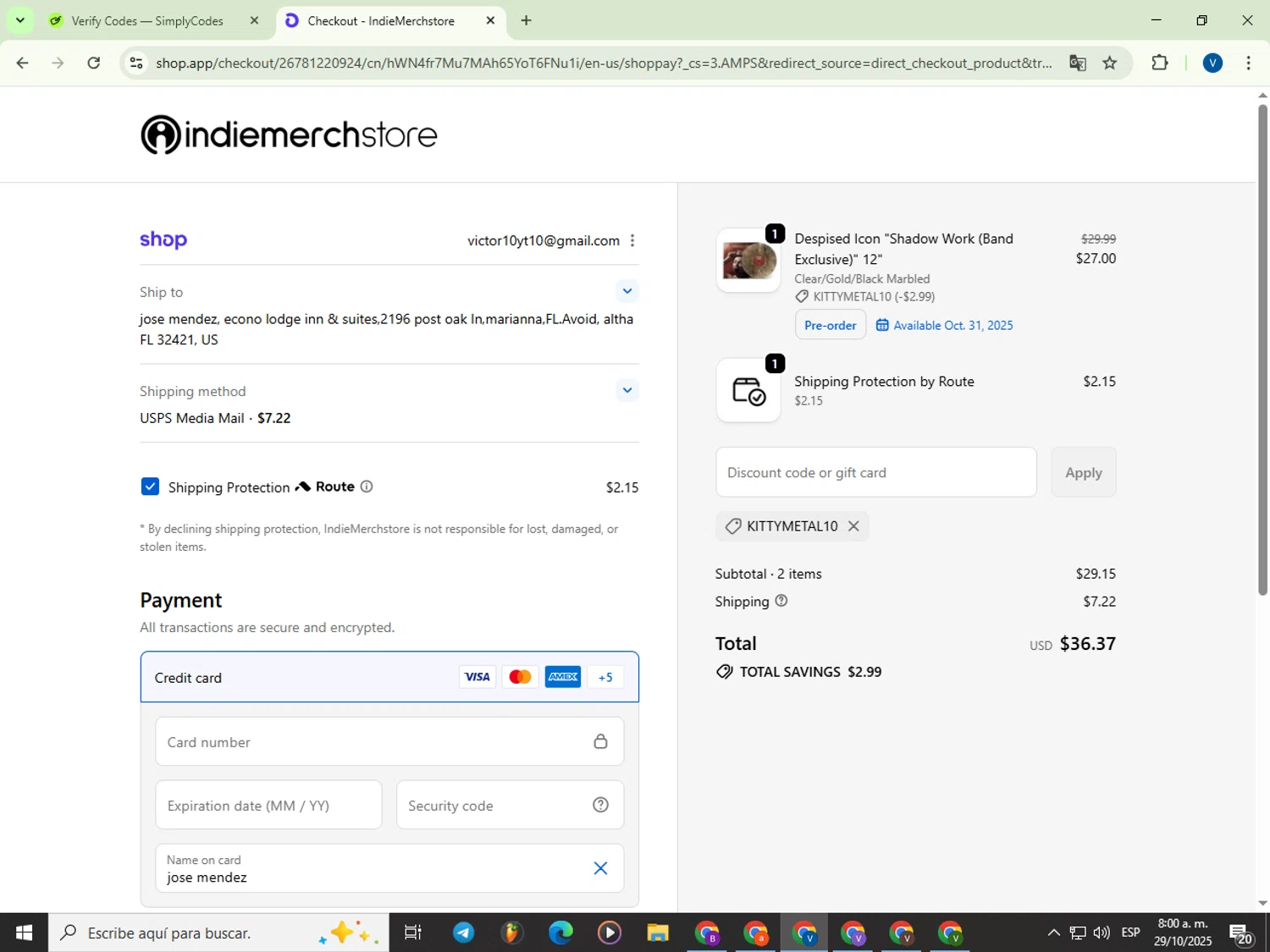 IndieMerchstore discount code screenshot showing code KITTYMETAL10 applied at IndieMerchstore checkout page. Uploaded by SimplyCodes community member Garou_Y2K on Oct 29, 2025