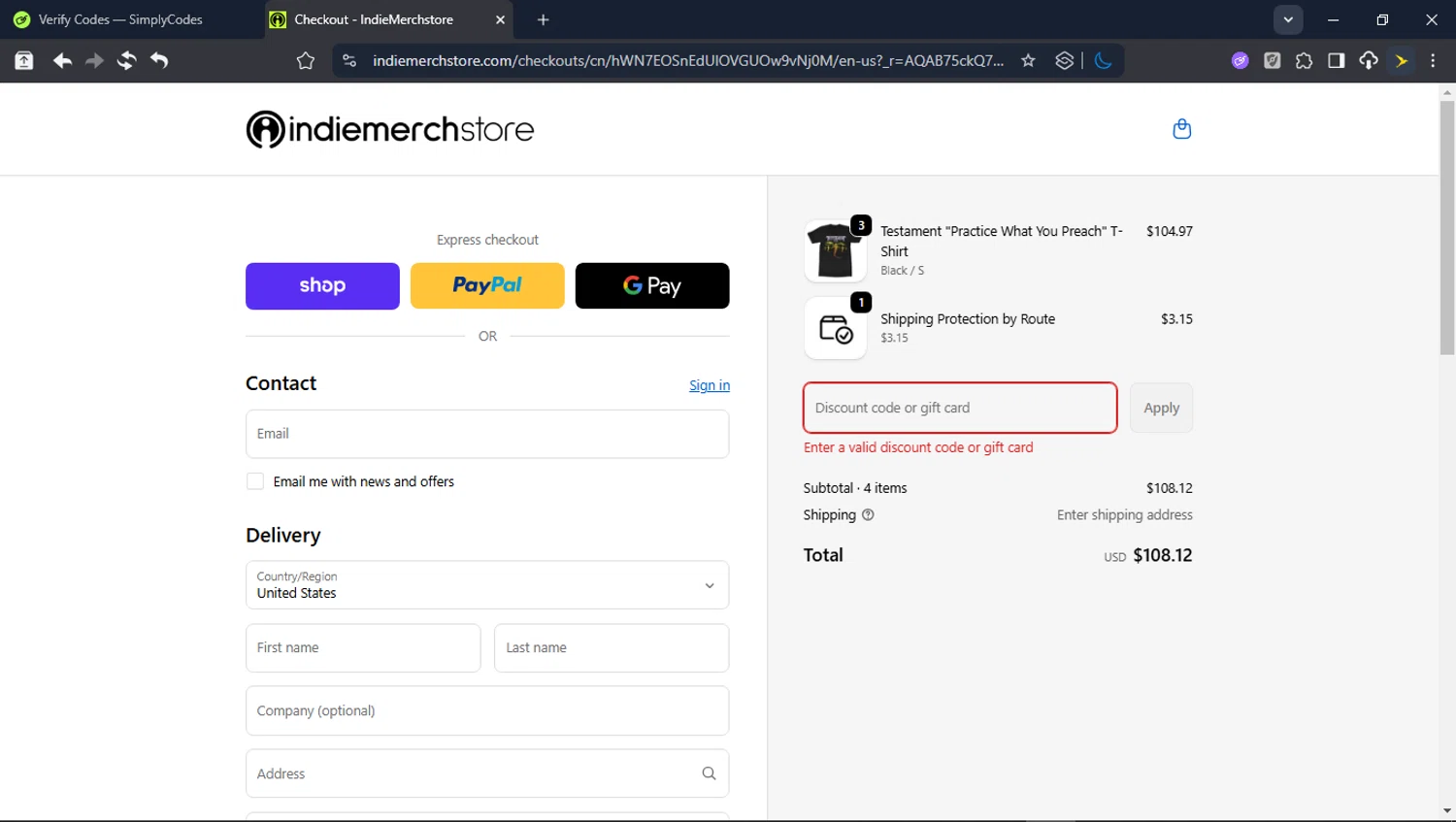 IndieMerchstore discount code screenshot showing code KITTYMETAL10 applied at IndieMerchstore checkout page. Uploaded by SimplyCodes community member userrandon on Jan 4, 2026