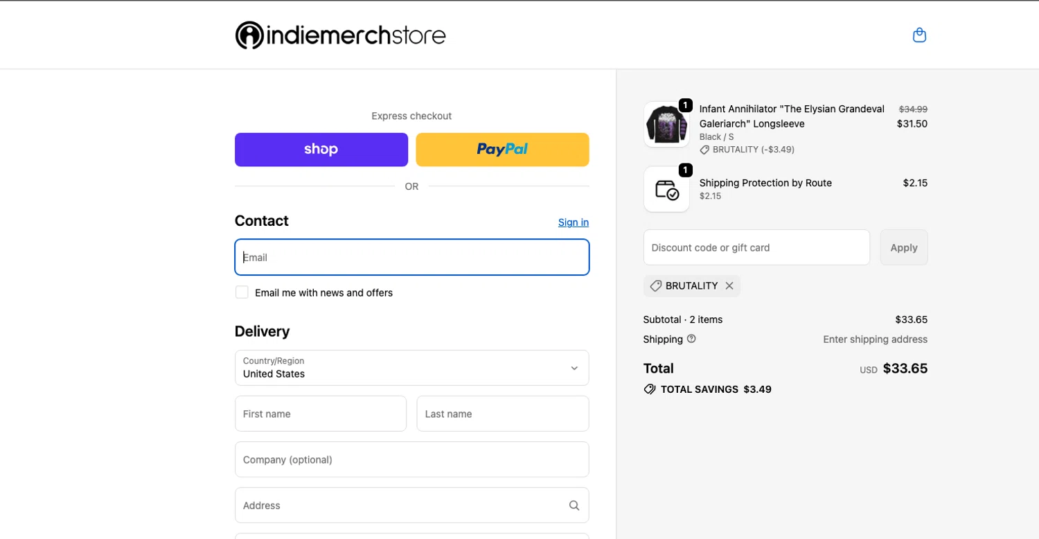 IndieMerchstore discount code screenshot showing code BRUTALITY applied at IndieMerchstore checkout page. Uploaded by SimplyCodes community member ELOIN777 on Jan 20, 2026