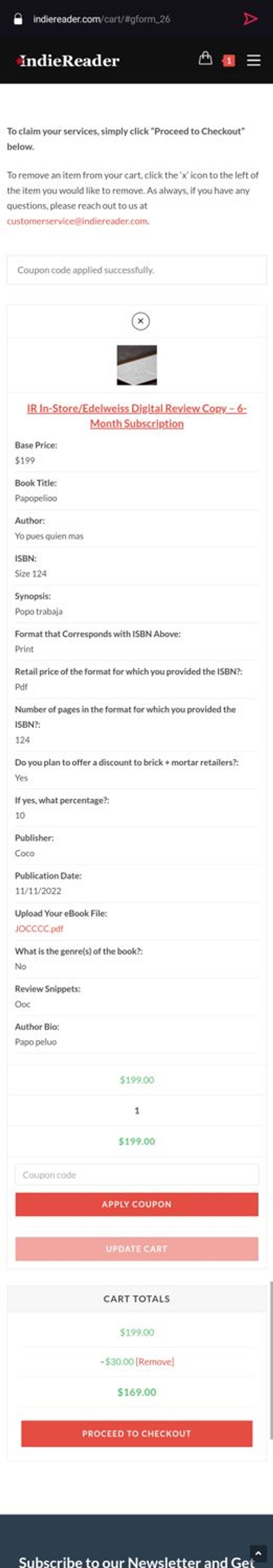 IndieReader checkout page showing IndieReader coupon code box | Screenshot taken by SimplyCodes community member on Jan 31, 2025