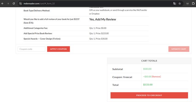 IndieReader checkout page showing IndieReader coupon code box | Screenshot taken by SimplyCodes community member on Mar 1, 2025