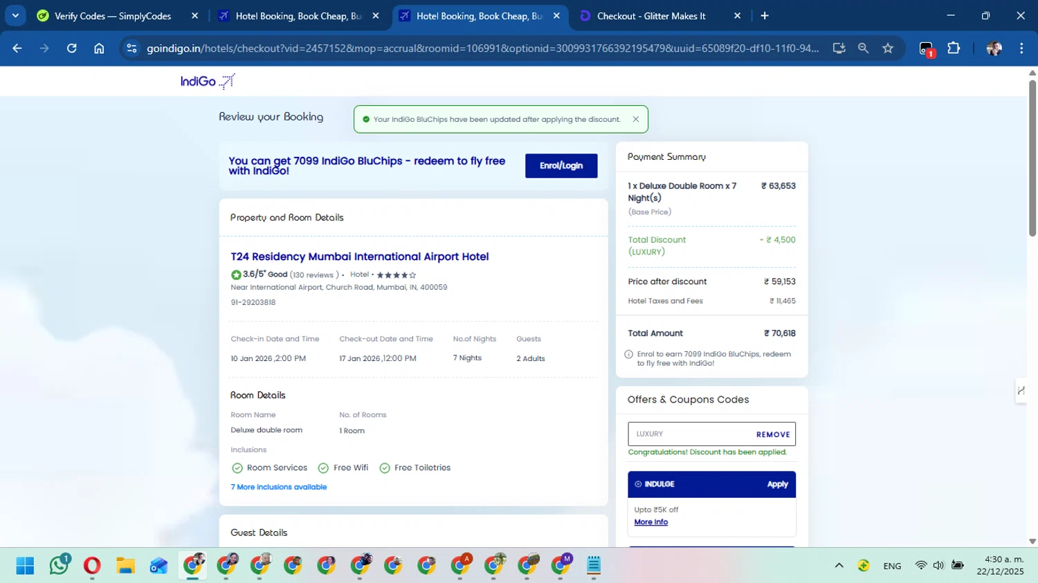 IndiGo Airlines promo code screenshot showing code LUXURY applied at IndiGo Airlines checkout page. Uploaded by SimplyCodes community member DavidMGF on Dec 22, 2025