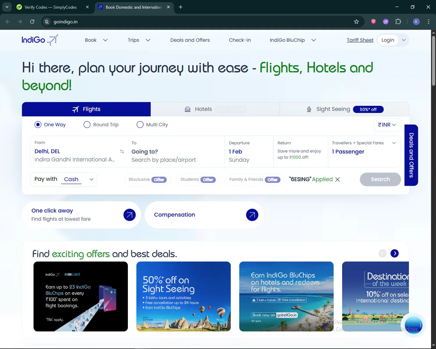 IndiGo Airlines promo code screenshot showing code 6ESING applied at IndiGo Airlines checkout page. Uploaded by SimplyCodes community member KevLapage on Jan 31, 2026