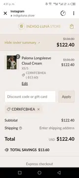 Indigo Luna coupon verification screenshot