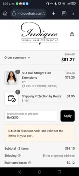 RACK50 coupon verification screenshot