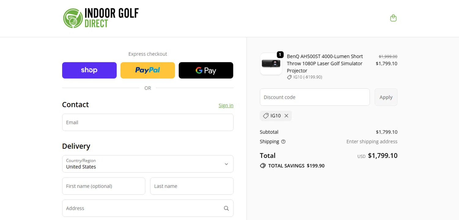 Indoor Golf Direct checkout page showing Indoor Golf Direct promo code box | Screenshot taken by SimplyCodes community member on Oct 23, 2025