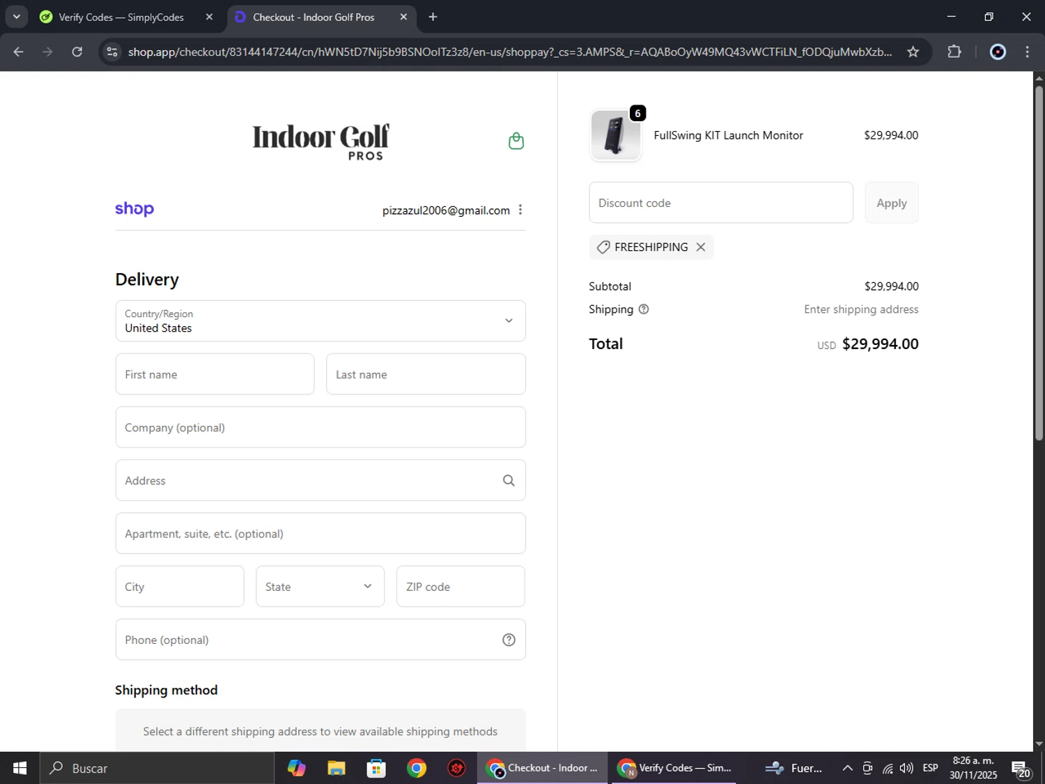 Indoor Golf Pros promo code screenshot showing code FREESHIPPING applied at Indoor Golf Pros checkout page. Uploaded by SimplyCodes community member RoyalBoss4384 on Nov 30, 2025