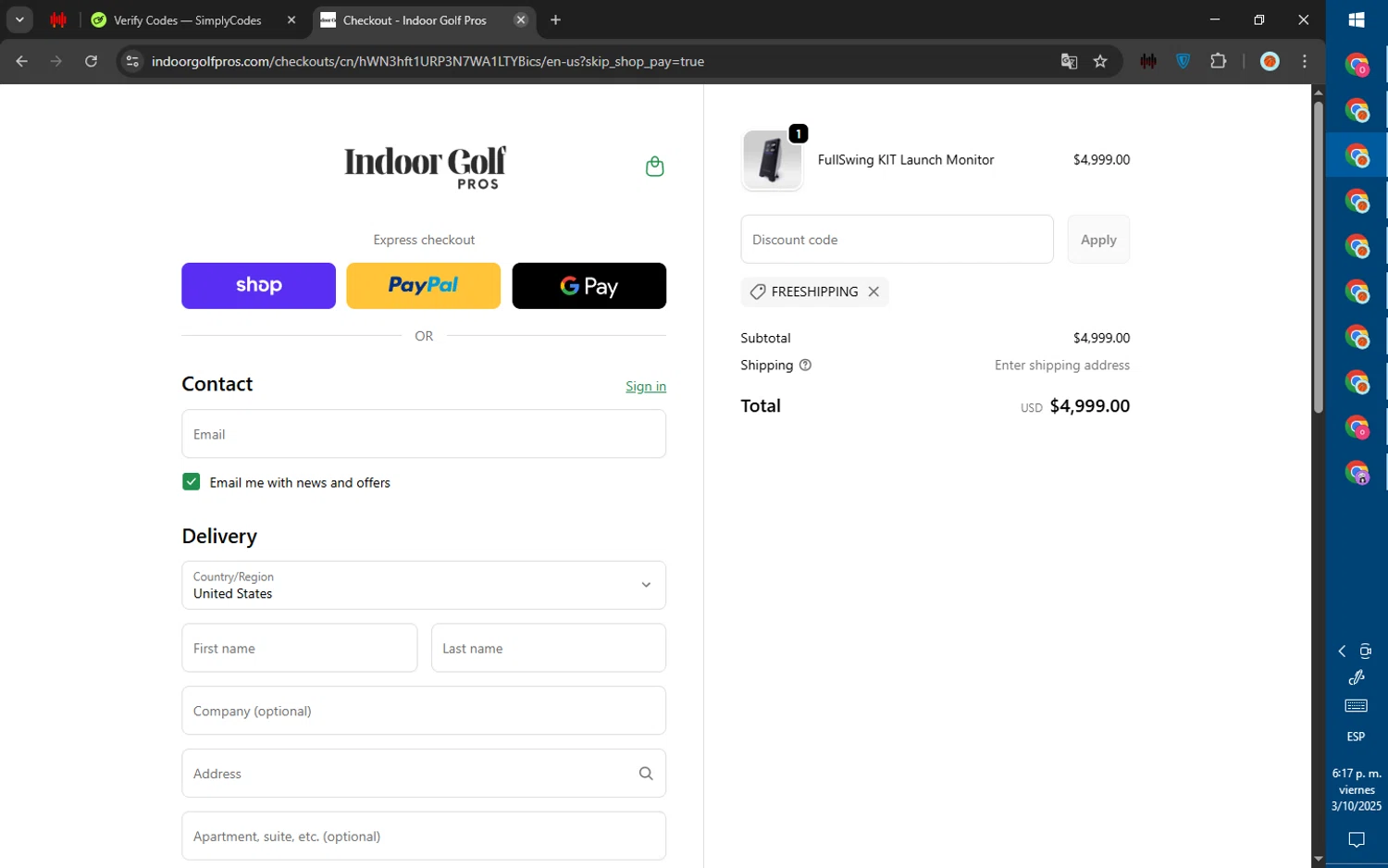 Indoor Golf Pros promo code screenshot showing code FREESHIPPING applied at Indoor Golf Pros checkout page. Uploaded by SimplyCodes community member ValiantWarden8956 on Oct 3, 2025