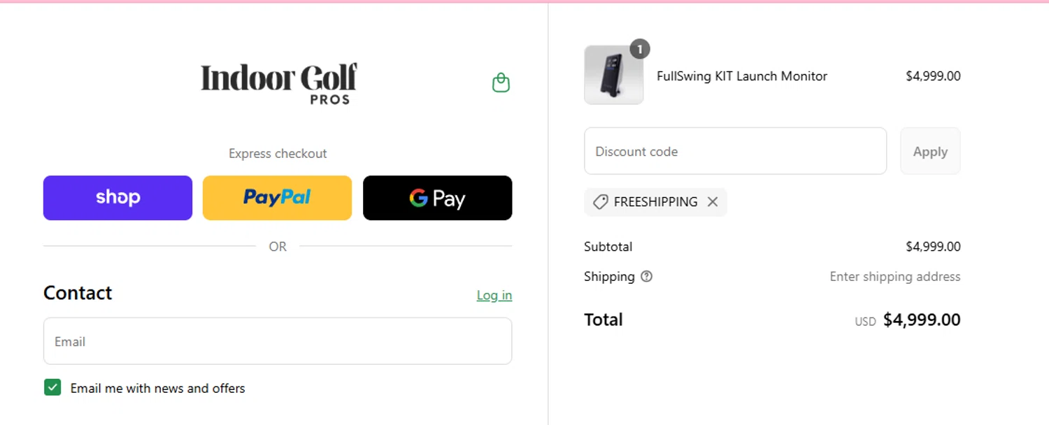 Indoor Golf Pros promo code screenshot showing code FREESHIPPING applied at Indoor Golf Pros checkout page. Uploaded by SimplyCodes community member aumentadax10 on Sep 4, 2025