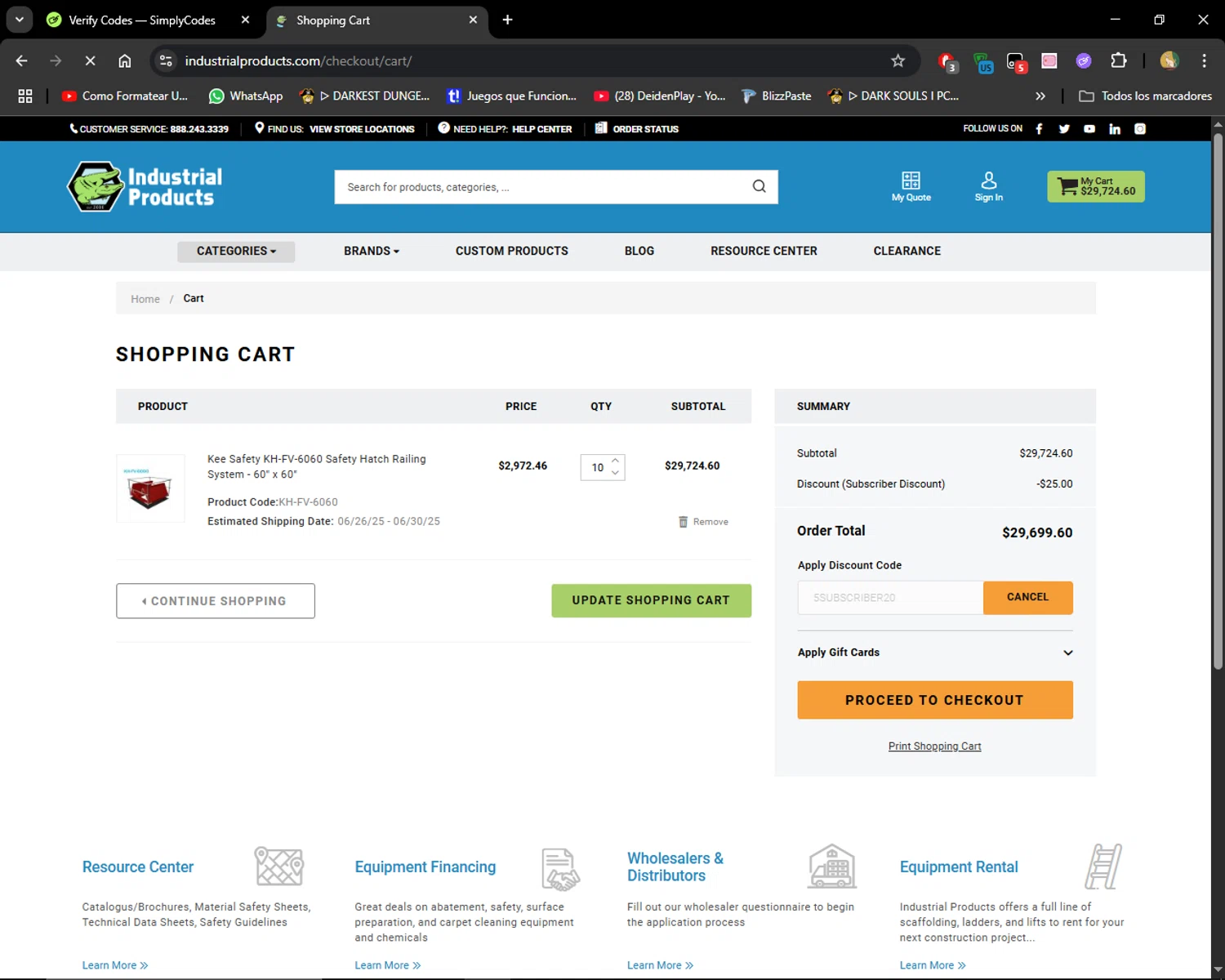 Industrial Products discount code screenshot showing code 5SUBSCRIBER20 applied at Industrial Products checkout page. Uploaded by SimplyCodes community member MiauMiau on Jun 19, 2025