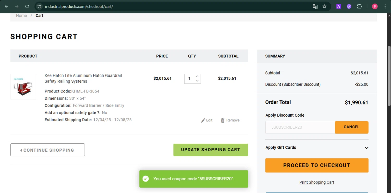 Industrial Products discount code screenshot showing code 5SUBSCRIBER20 applied at Industrial Products checkout page. Uploaded by SimplyCodes community member MoneyFalcon481 on Nov 27, 2025
