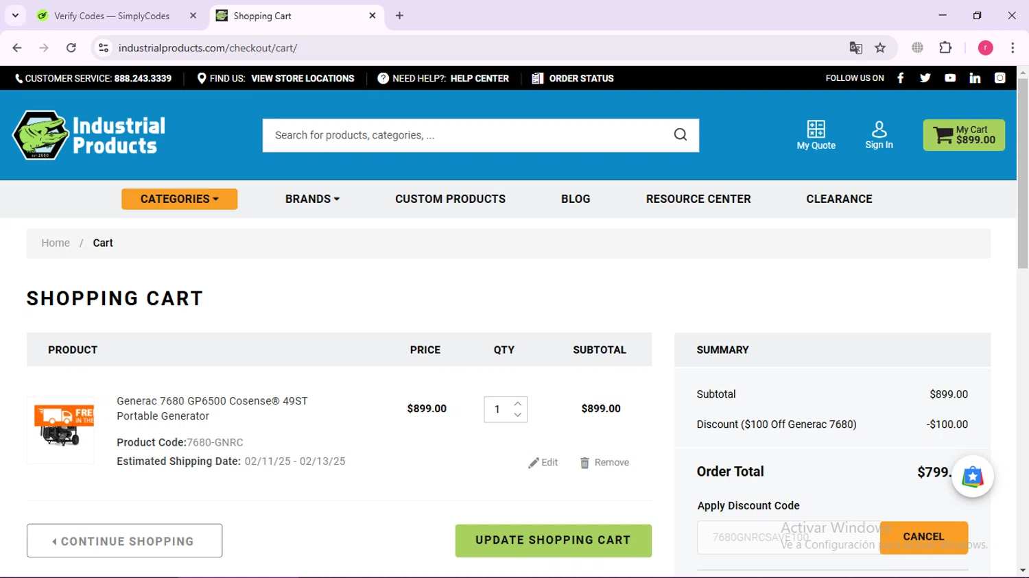 Industrial Products discount code screenshot showing code 7680GNRCSAVE100 applied at Industrial Products checkout page. Uploaded by SimplyCodes community member Ronny50 on Feb 9, 2025