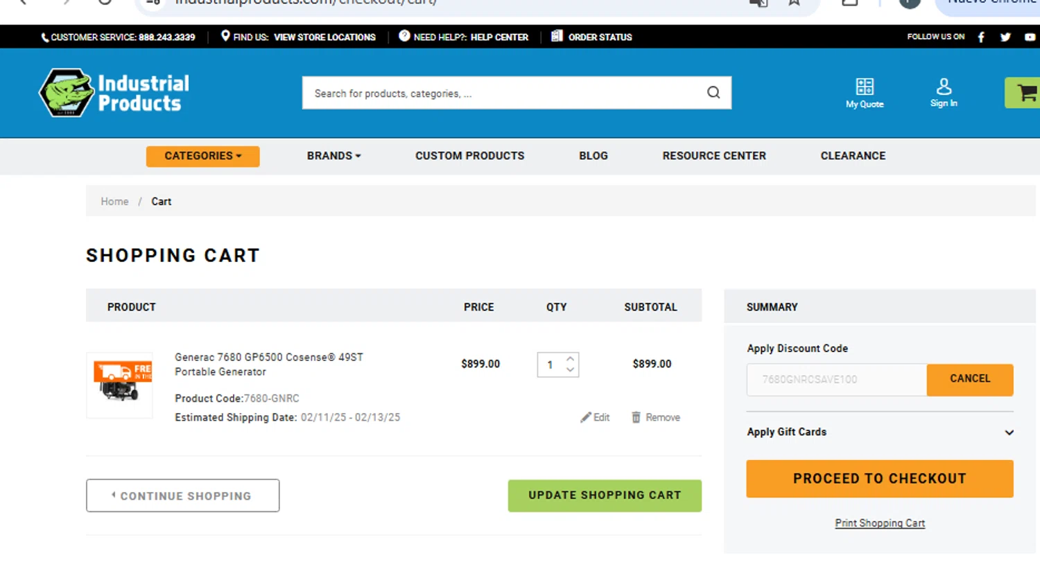 Industrial Products discount code screenshot showing code 7680GNRCSAVE100 applied at Industrial Products checkout page. Uploaded by SimplyCodes community member WiseAce8490 on Feb 9, 2025
