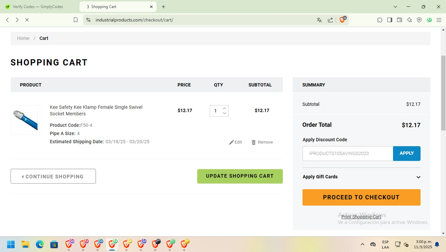 Industrial Products discount code screenshot showing code IPRODUCTS10SAVINGS2023 applied at Industrial Products checkout page. Uploaded by SimplyCodes community member VENDOCOCA on Mar 11, 2025