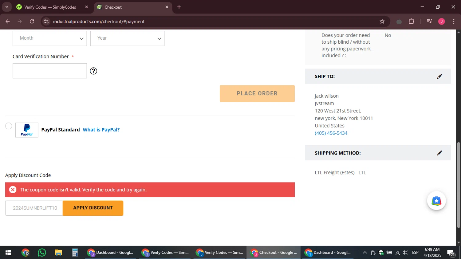 Industrial Products discount code screenshot showing code 2024SUMNERLIFT10 applied at Industrial Products checkout page. Uploaded by SimplyCodes community member JackWilson63 on Apr 18, 2025