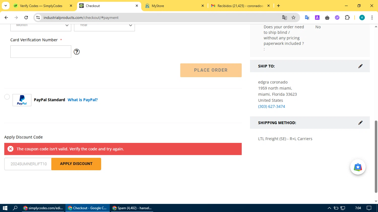Industrial Products discount code screenshot showing code 2024SUMNERLIFT10 applied at Industrial Products checkout page. Uploaded by SimplyCodes community member BonusVoyager4214 on Apr 18, 2025