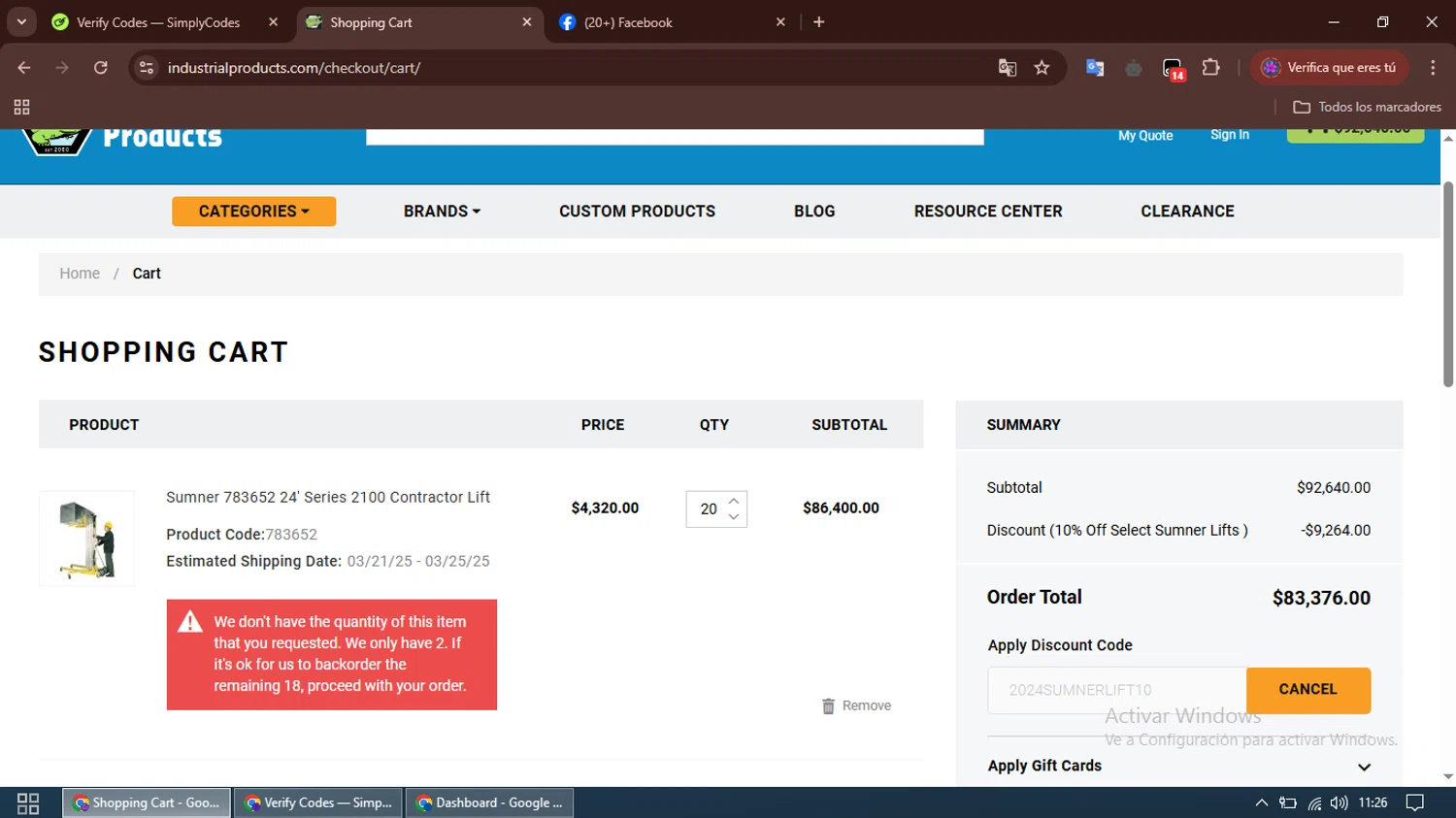 Industrial Products checkout page showing Industrial Products discount code box | Screenshot taken by SimplyCodes community member on Mar 20, 2025