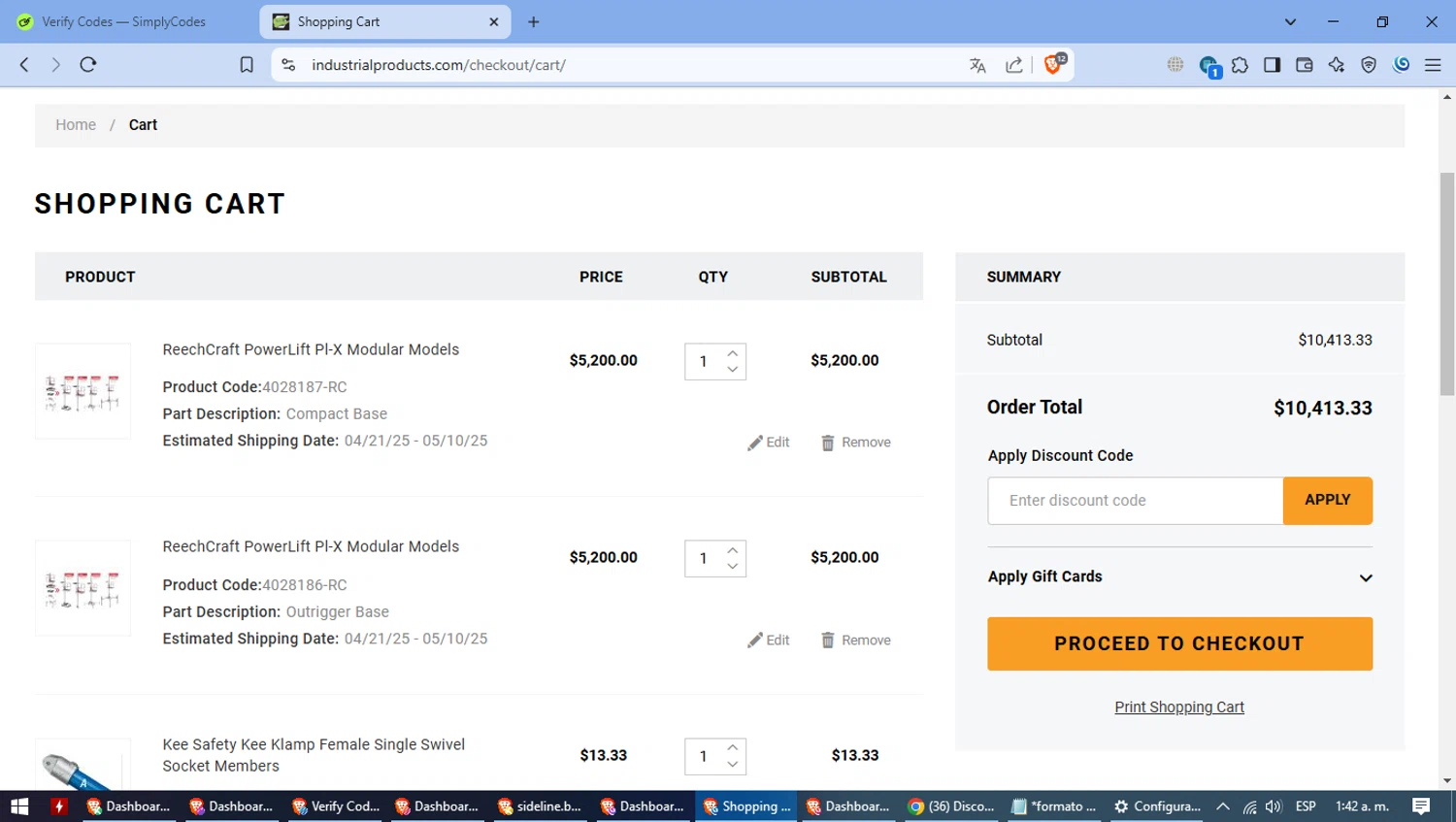 Industrial Products discount code screenshot showing code LADDERSAFETY2024 applied at Industrial Products checkout page. Uploaded by SimplyCodes community member SmartFinder4794 on Mar 9, 2025