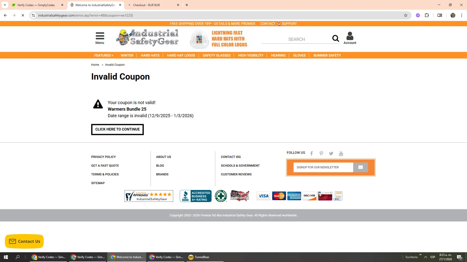 IndustrialSafetyGear.com promo code screenshot showing code WS1225 applied at IndustrialSafetyGear.com checkout page. Uploaded by SimplyCodes community member Phoenix585 on Jan 27, 2026