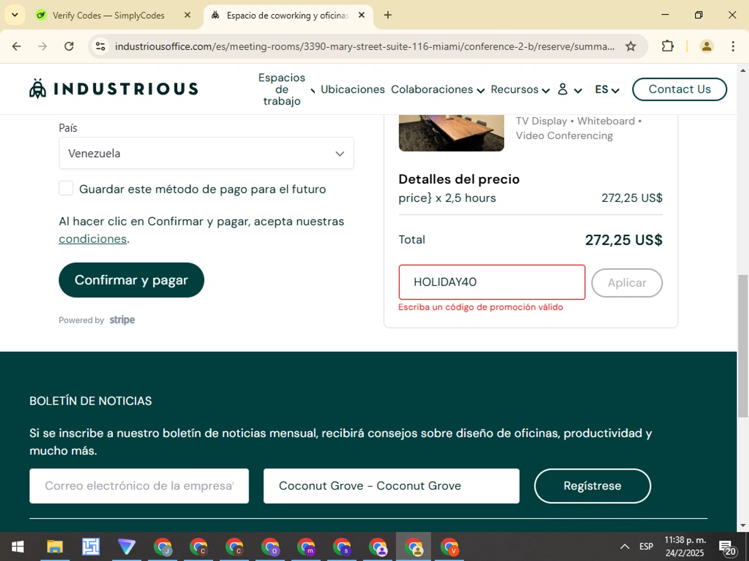 Industrious Office promo code screenshot showing code HOLIDAY40 applied at Industrious Office checkout page. Uploaded by SimplyCodes community member VictorL on Feb 25, 2025