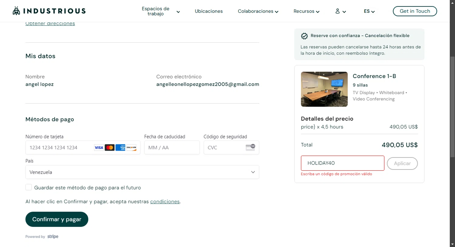 Industrious Office promo code screenshot showing code HOLIDAY40 applied at Industrious Office checkout page. Uploaded by SimplyCodes community member TreasureShopper9156 on Feb 25, 2025