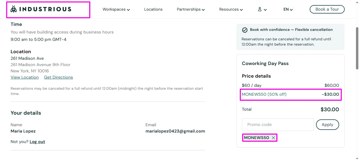 Industrious Office promo code screenshot showing code MONEWS50 applied at Industrious Office checkout page. Uploaded by SimplyCodes community member mrdarcy on Sep 4, 2025