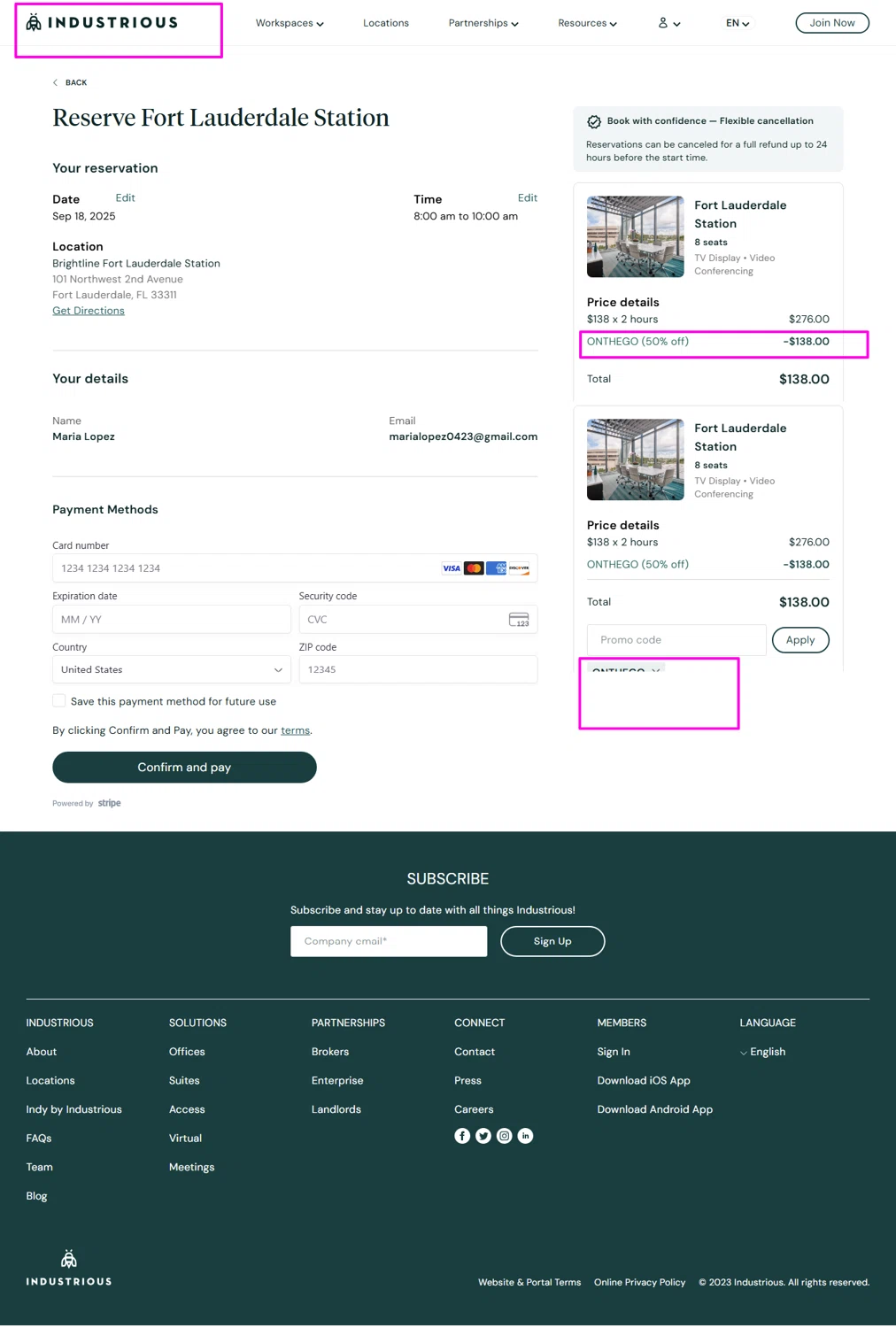 Industrious Office promo code screenshot showing code ONTHEGO applied at Industrious Office checkout page. Uploaded by SimplyCodes community member mrdarcy on Sep 4, 2025