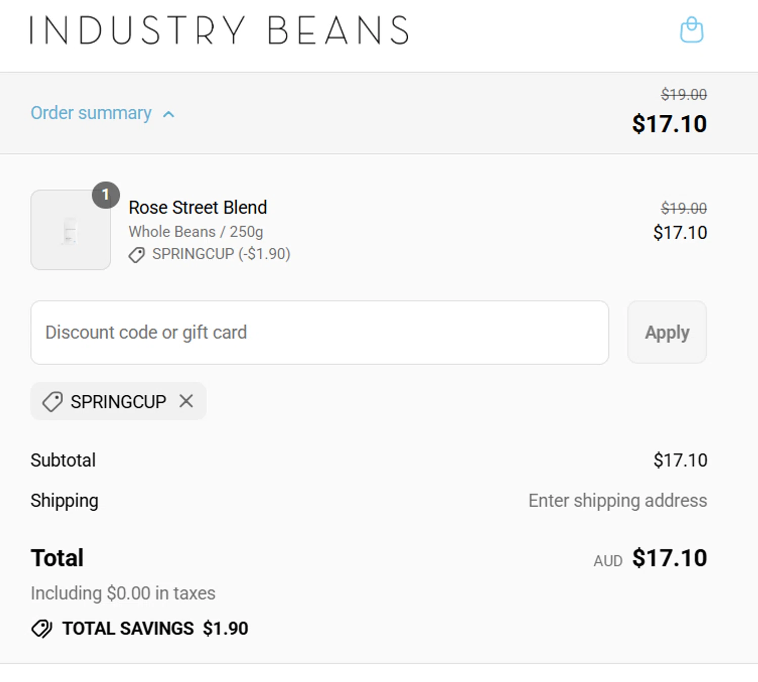 Industry Beans discount code screenshot showing code SPRINGCUP applied at Industry Beans checkout page. Uploaded by SimplyCodes community member dragonjeffer_93a9 on Aug 9, 2025