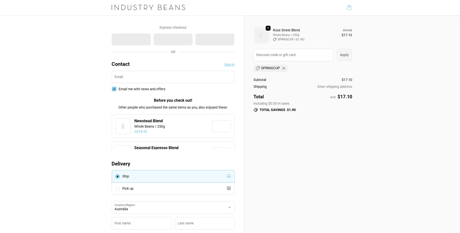 Industry Beans discount code screenshot showing code SPRINGCUP applied at Industry Beans checkout page. Uploaded by SimplyCodes community member STEVE20 on Nov 3, 2025