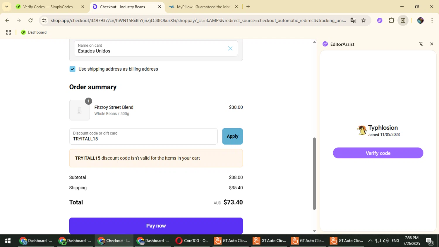 Industry Beans discount code screenshot showing code TRYITALL15 applied at Industry Beans checkout page. Uploaded by SimplyCodes community member Typhlosion on Jul 26, 2025