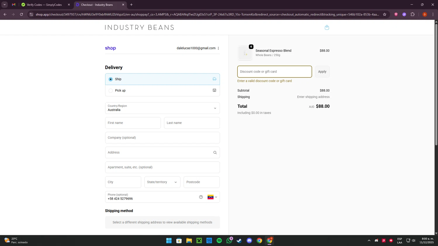Industry Beans discount code screenshot showing code SPRINGINBLOOM applied at Industry Beans checkout page. Uploaded by SimplyCodes community member Corleone on Dec 11, 2025