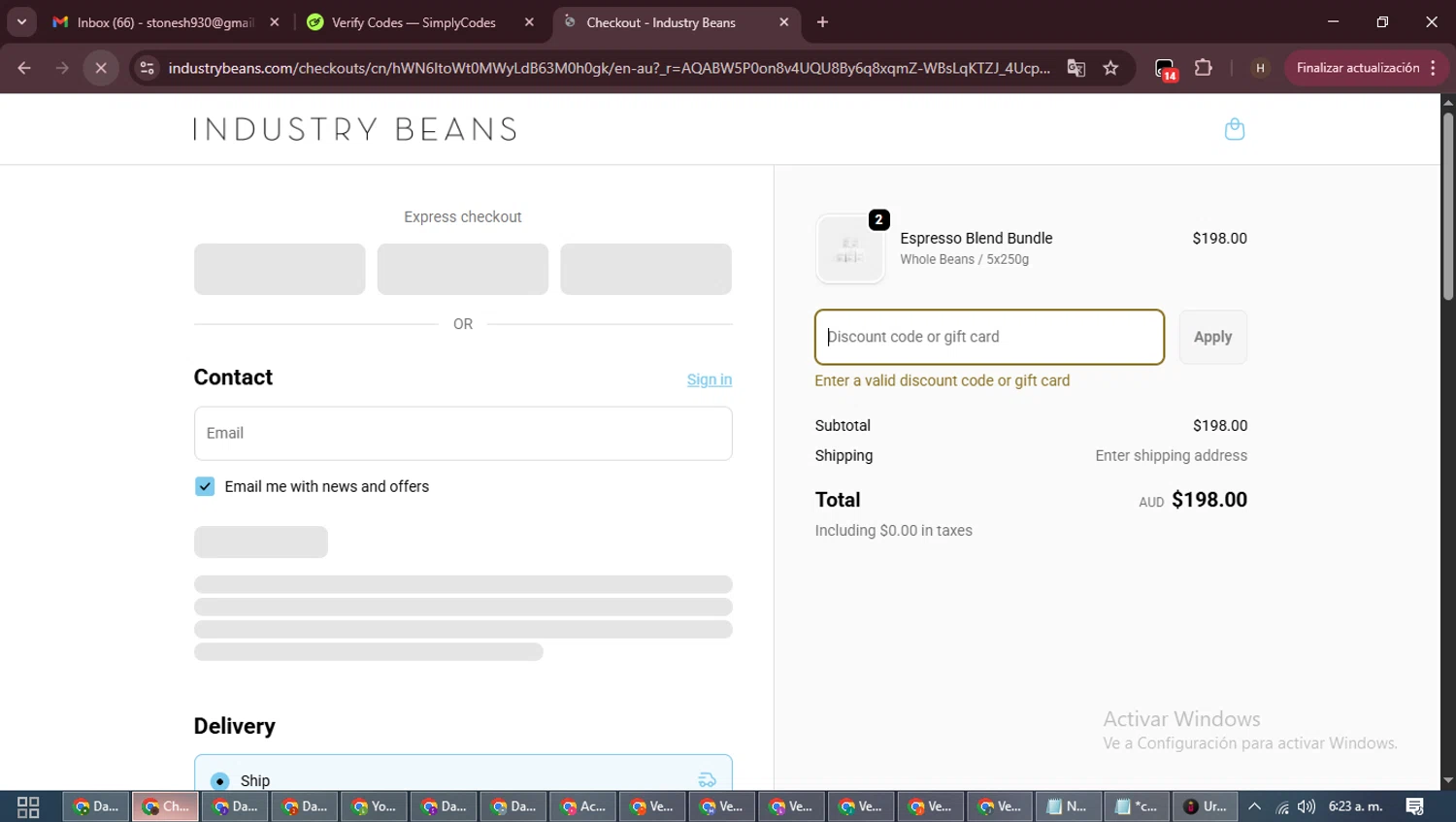 Industry Beans discount code screenshot showing code SPRINGINBLOOM applied at Industry Beans checkout page. Uploaded by SimplyCodes community member VictoriousPioneer8823 on Dec 11, 2025