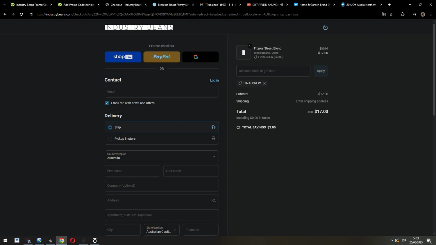 Industry Beans discount code screenshot showing code FINALBREW applied at Industry Beans checkout page. Uploaded by SimplyCodes community member MarcosAranguren on Jun 26, 2025