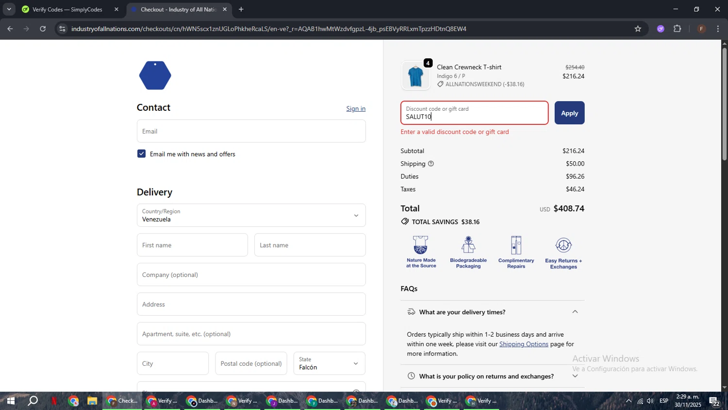 Industry of All Nations discount code screenshot showing code SALUT10 applied at Industry of All Nations checkout page. Uploaded by SimplyCodes community member ExtraordinaryHunter3076 on Nov 30, 2025