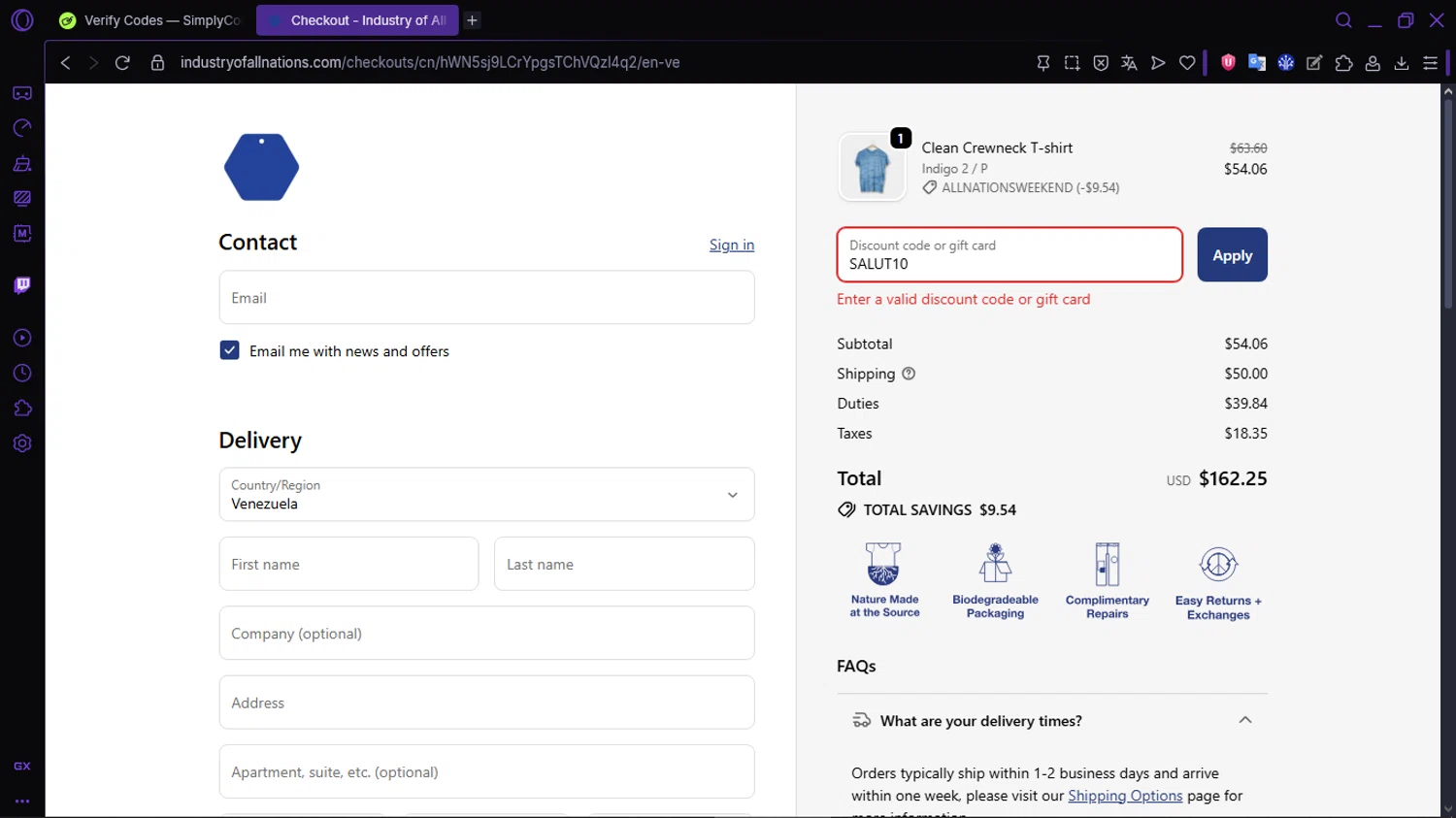 Industry of All Nations discount code screenshot showing code SALUT10 applied at Industry of All Nations checkout page. Uploaded by SimplyCodes community member RewardLion134 on Nov 30, 2025