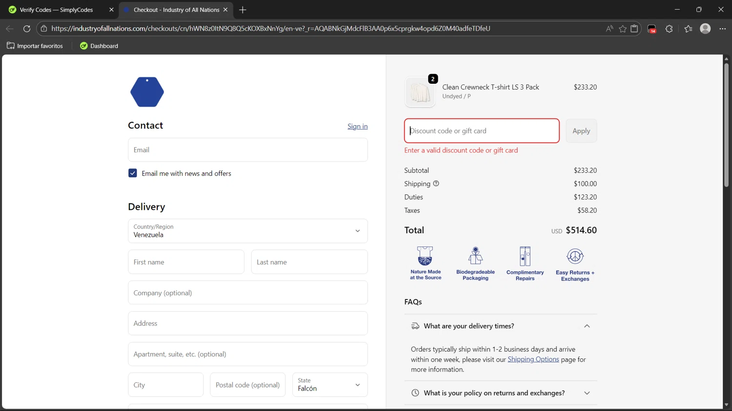 Industry of All Nations discount code screenshot showing code SALUT10 applied at Industry of All Nations checkout page. Uploaded by SimplyCodes community member dragonjeffer_93a9 on Feb 20, 2026