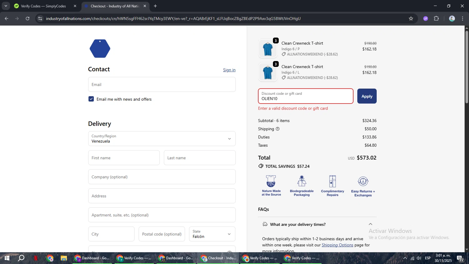 Industry of All Nations discount code screenshot showing code OLIEN10 applied at Industry of All Nations checkout page. Uploaded by SimplyCodes community member ShrewdSeeker6165 on Nov 30, 2025