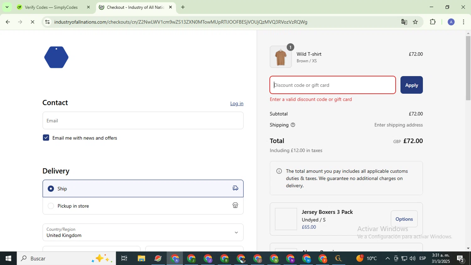 Industry of All Nations discount code screenshot showing code MCCARTHY20 applied at Industry of All Nations checkout page. Uploaded by SimplyCodes community member TreasureCaptain5531 on Mar 31, 2025