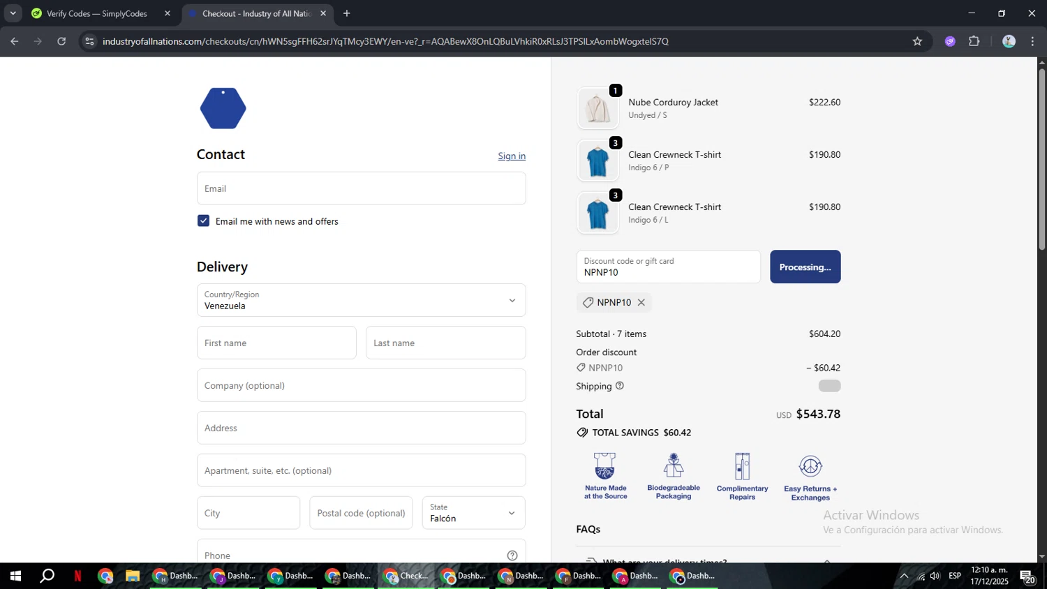 Industry of All Nations discount code screenshot showing code NPNP10 applied at Industry of All Nations checkout page. Uploaded by SimplyCodes community member ShrewdSeeker6165 on Dec 17, 2025
