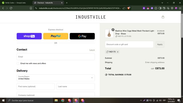 Industville checkout page showing Industville promo code box | Screenshot taken by SimplyCodes community member on May 22, 2025