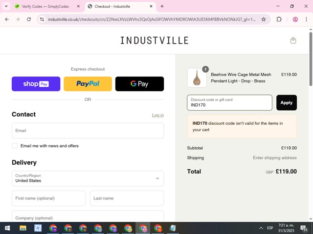 Industville checkout page showing Industville promo code box | Screenshot taken by SimplyCodes community member on Mar 31, 2025