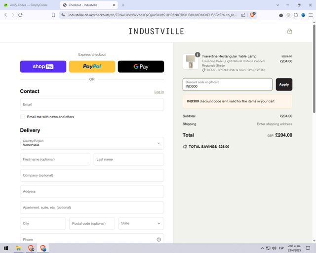 Industville checkout page showing Industville promo code box | Screenshot taken by SimplyCodes community member on Apr 23, 2025