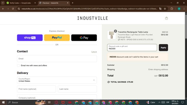 Industville checkout page showing Industville promo code box | Screenshot taken by SimplyCodes community member on Apr 8, 2025