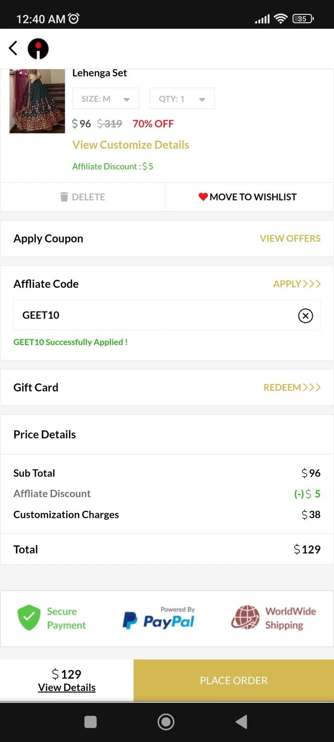 Indya coupon code screenshot showing code GEET10 applied at Indya checkout page. Uploaded by SimplyCodes community member BargainPioneer8286 on Jun 11, 2025