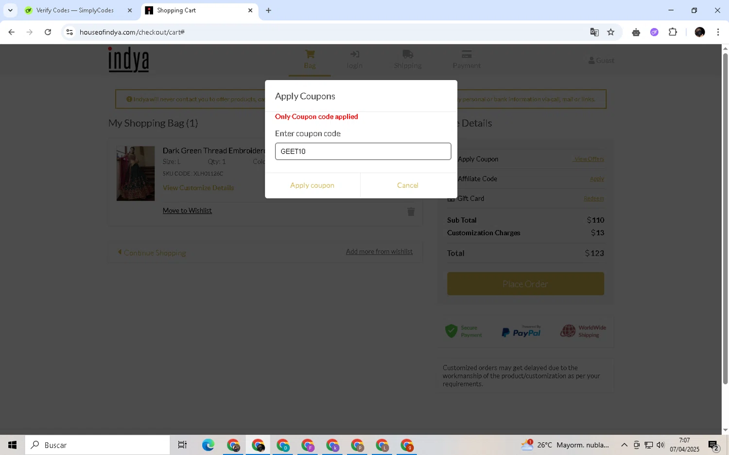 Indya coupon code screenshot showing code GEET10 applied at Indya checkout page. Uploaded by SimplyCodes community member alexdaal on Apr 7, 2025