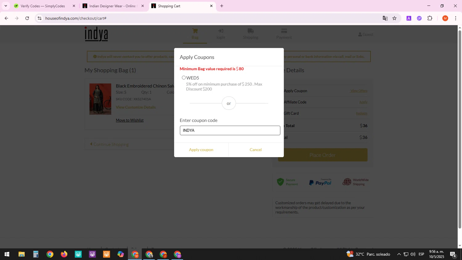 Indya coupon code screenshot showing code INDYA applied at Indya checkout page. Uploaded by SimplyCodes community member Mark13 on May 10, 2025