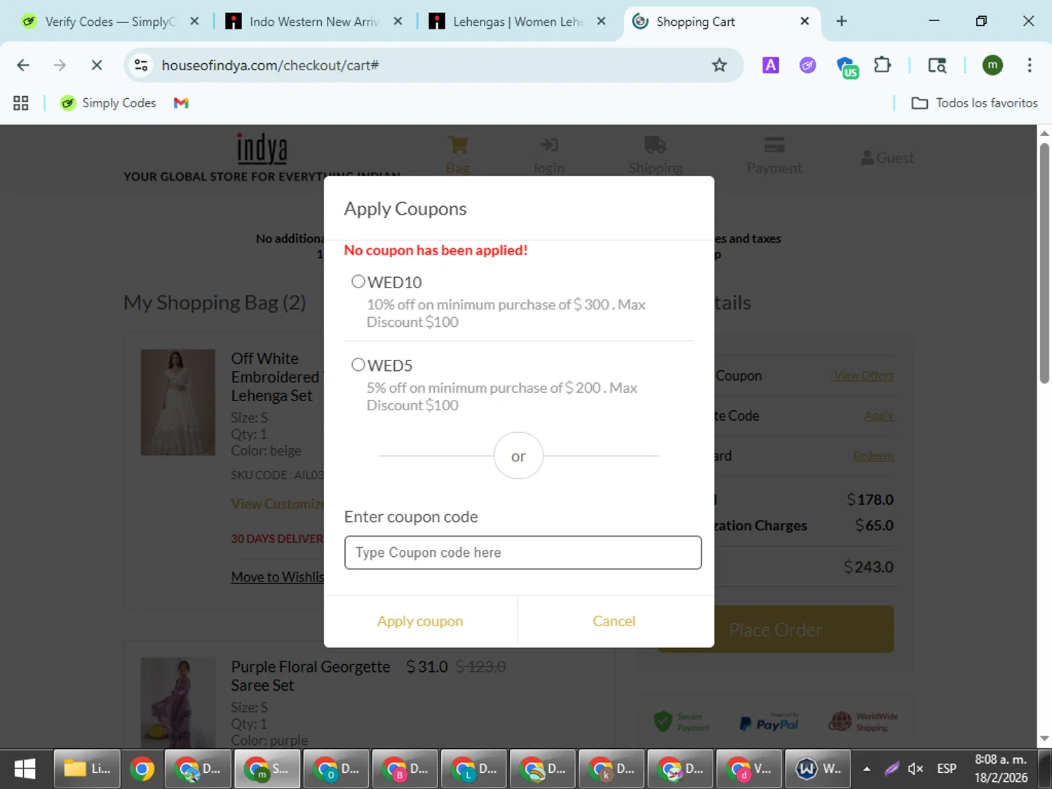 Indya checkout page showing Indya coupon code box | Screenshot taken by SimplyCodes community member on Feb 18, 2026